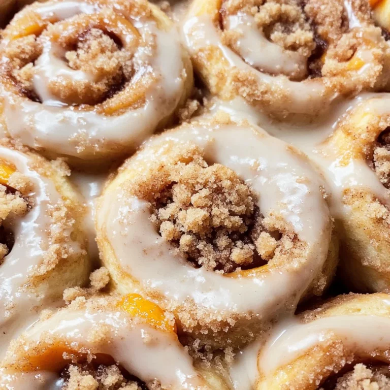 Peach Cobbler Cinnamon Rolls with Crumb Topping