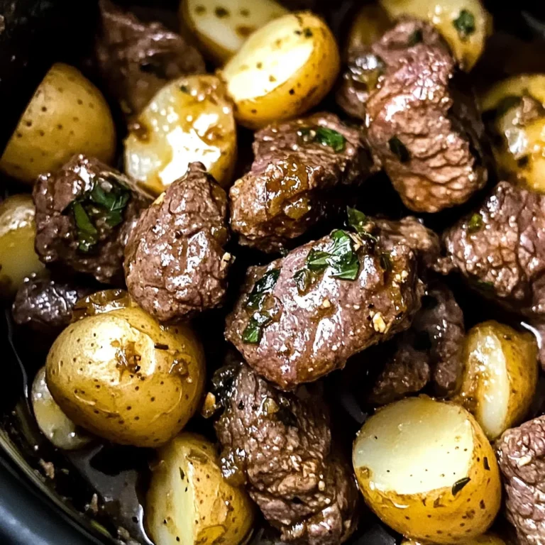 crockpot garlic butter beef bites with potatoes